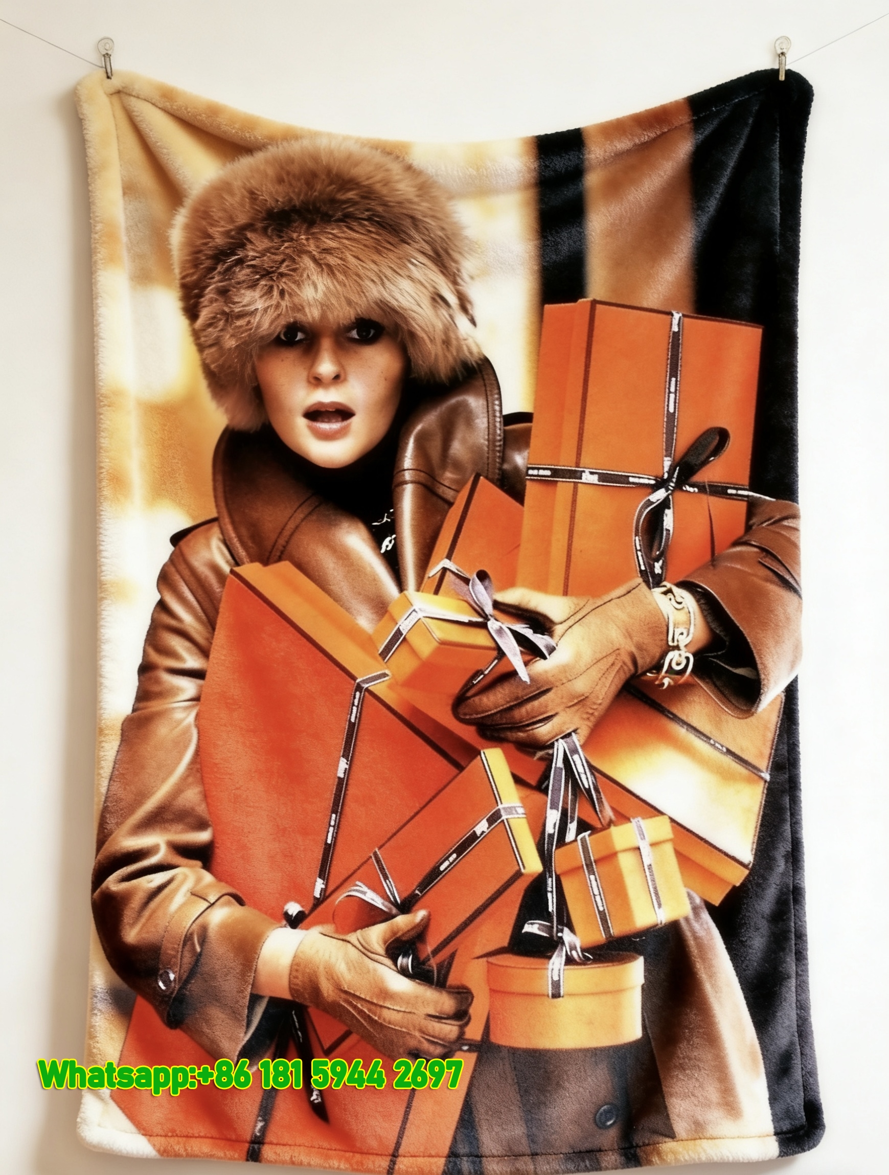 Hermès Vintage Luxury Shopping Print Flannel Throw Blanket IMG_5122
